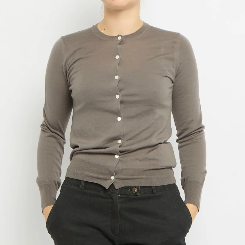 Round Neck Knitted Cardigan - UK 12 Terry Blend Velvet Blend Canvas Blend