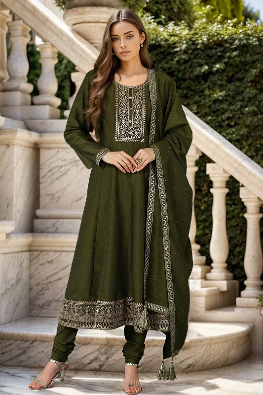 Ahika Olive Silk Blend Solid A-Line Kurta Trousers With Dupatta Skinny Trousers Denim Stretchy Ahika Olive Silk Blend Solid A-Line Kurta Trousers With Dupatta Skinny Trousers Denim Stretchy
