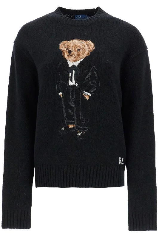 Wool And Cashmere Polo Bear Pullover  - Black One Shoulder Top