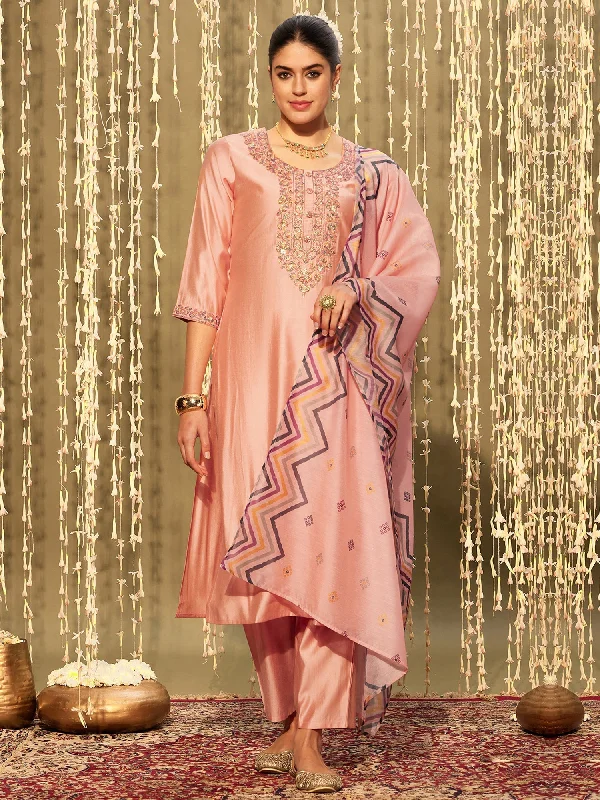 Women Pink Embroidered Straight Kurta Trousers With Dupatta Set - Taantav Trousers Solid Black Women Pink Embroidered Straight Kurta Trousers With Dupatta Set - Taantav Trousers Solid Black