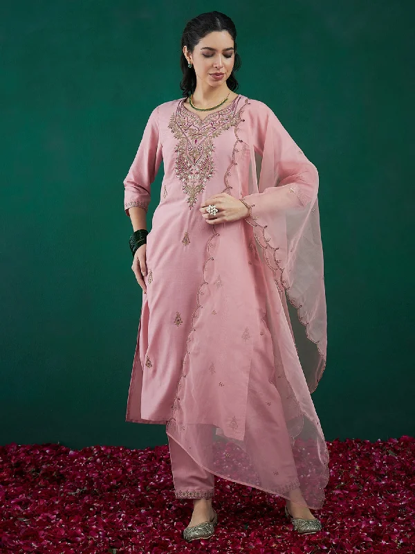 Women Pink Embroidered Straight Kurta Trousers With Dupatta Set - Taantav Trousers Flared Retro Women Pink Embroidered Straight Kurta Trousers With Dupatta Set - Taantav Trousers Flared Retro