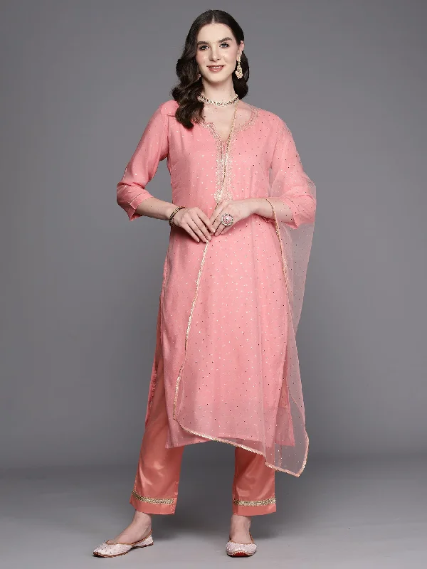 Women Pink Embroidered Straight Kurta Trousers With Dupatta Set - Taantav Trousers practical easy-care Women Pink Embroidered Straight Kurta Trousers With Dupatta Set - Taantav Trousers practical easy-care