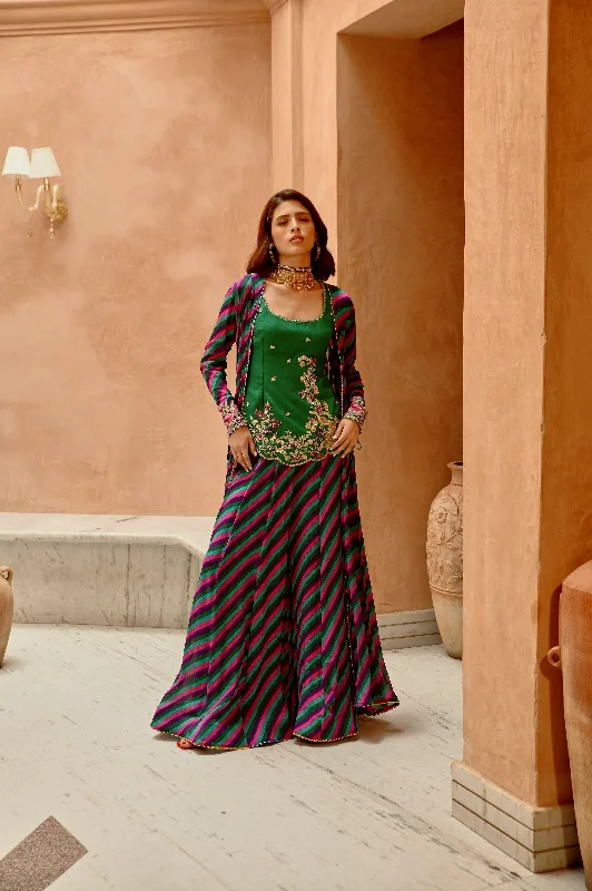 Multi color Indie-leheriya magzi kali jacket and sharara with heritage kurti. Appliqued Jacket Beaded Jacket Sequined Jacket Multi color Indie-leheriya magzi kali jacket and sharara with heritage kurti. Appliqued Jacket Beaded Jacket Sequined Jacket