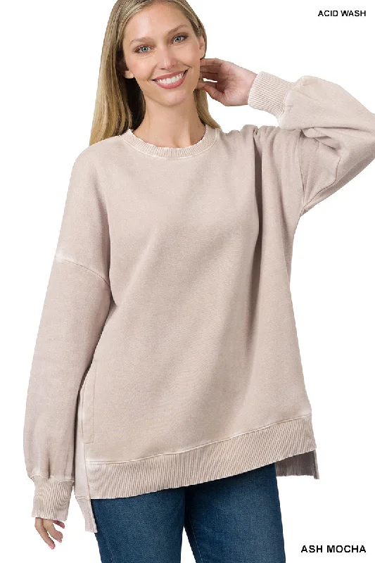 Ash Mocha Acid Wash Hi-Low Fleece Pullover Long Bell Sleeve