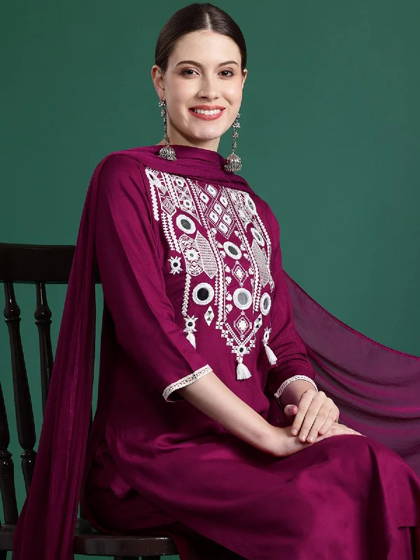 Women Burgundy Embroidered Straight Kurta Trousers With Dupatta Set - Taantav Trousers Ceremony Elegant Women Burgundy Embroidered Straight Kurta Trousers With Dupatta Set - Taantav Trousers Ceremony Elegant