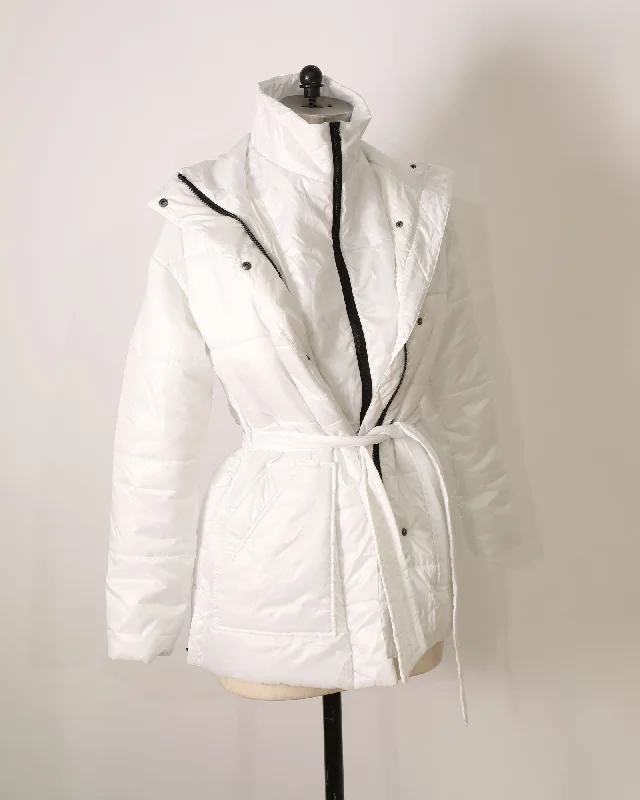 Puffer Jacket with Tie Waist Detailing - White Embroidered Jacket Appliqued Jacket Beaded Jacket Puffer Jacket with Tie Waist Detailing - White Embroidered Jacket Appliqued Jacket Beaded Jacket