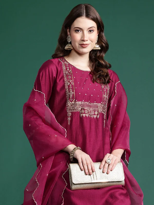 Women Burgundy Embroidered Straight Kurta Trousers With Dupatta Set - Taantav Trousers Striped Patterned Women Burgundy Embroidered Straight Kurta Trousers With Dupatta Set - Taantav Trousers Striped Patterned
