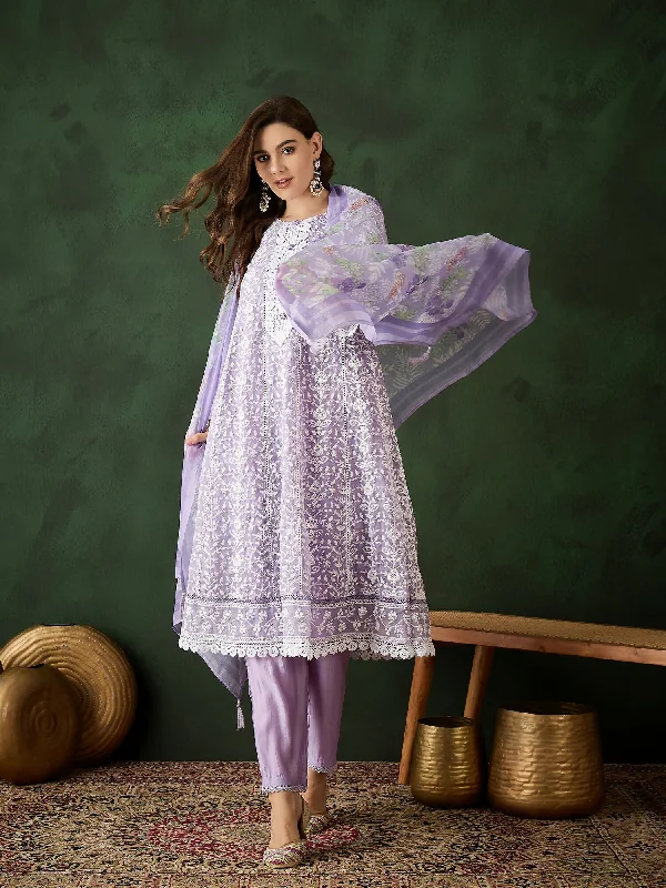 Lavender Crystal Organza schiffli embroidery Kurta With Trouser & Dupatta - Bhumi Trousers Business Professional Lavender Crystal Organza schiffli embroidery Kurta With Trouser & Dupatta - Bhumi Trousers Business Professional