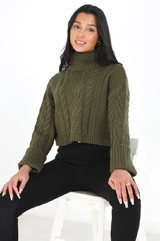 KHAKI CROPPED TURNED CUFF CABLE KNIT JUMPER Fitted Slim Tailored