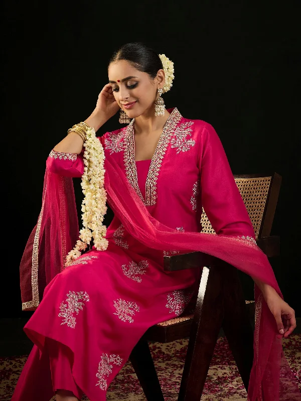 Women Magenta Embroidered Straight Kurta Trousers With Dupatta Set - Taantav Trousers Seasonal Trendy Women Magenta Embroidered Straight Kurta Trousers With Dupatta Set - Taantav Trousers Seasonal Trendy