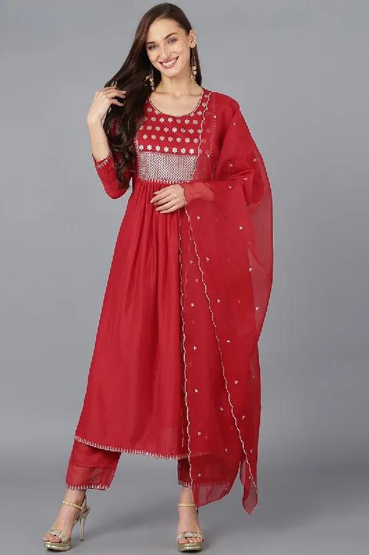 Ahika Red Silk Blend Solid A-Line Kurta Trousers With Dupatta Trousers Capri Summer