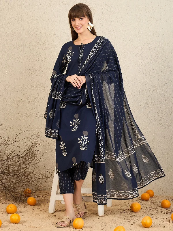 Women Navy Blue Printed Straight Kurta Trousers With Dupatta Set - Taantav Trousers Flared Retro Women Navy Blue Printed Straight Kurta Trousers With Dupatta Set - Taantav Trousers Flared Retro