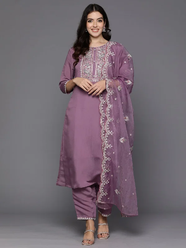 Women Lavender Embroidered Straight Kurta Trousers With Dupatta Set - Taantav Trousers Party Sparkling Women Lavender Embroidered Straight Kurta Trousers With Dupatta Set - Taantav Trousers Party Sparkling