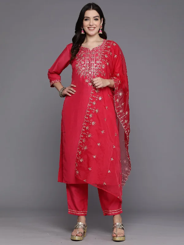 Women Pink Embroidered Straight Kurta Trousers With Dupatta Set - Taantav Trousers Fleece Cozy Women Pink Embroidered Straight Kurta Trousers With Dupatta Set - Taantav Trousers Fleece Cozy