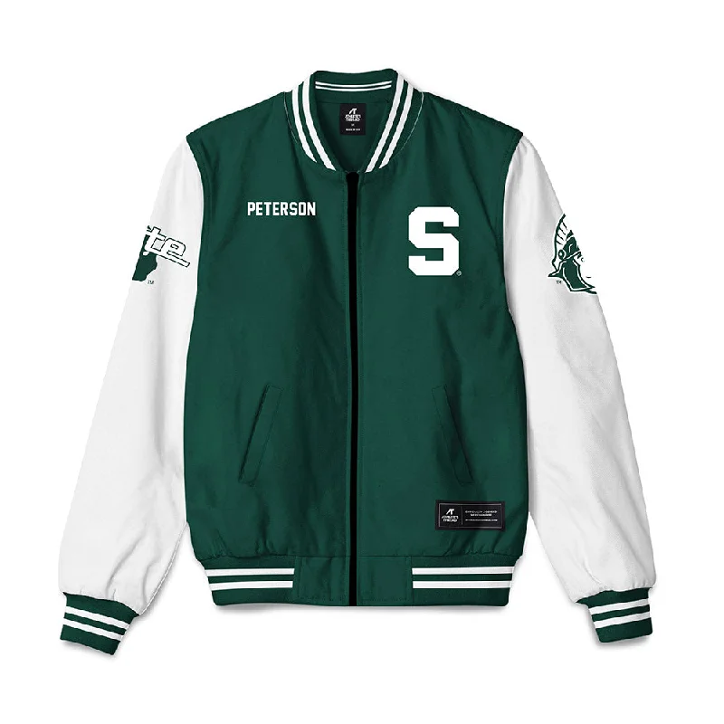 Michigan State - NCAA Women's Rowing : Taylor Peterson - Bomber Jacket Zip Front Button Front Snap Front Michigan State - NCAA Women's Rowing : Taylor Peterson - Bomber Jacket Zip Front Button Front Snap Front