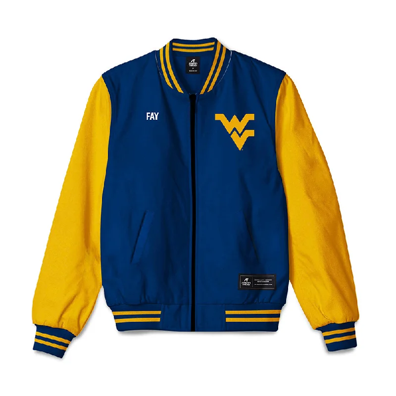 West Virginia - NCAA Women's Rowing : Grace Fay - Bomber Jacket Denim Fabric Leather Fabric Suede Fabric West Virginia - NCAA Women's Rowing : Grace Fay - Bomber Jacket Denim Fabric Leather Fabric Suede Fabric