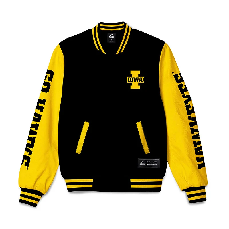 Iowa - NCAA Women's Rowing : Grace Moller - Bomber Jacket Chenille Fabric Brocade Fabric Lace Fabric Iowa - NCAA Women's Rowing : Grace Moller - Bomber Jacket Chenille Fabric Brocade Fabric Lace Fabric