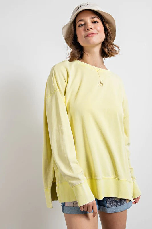 Oil Washed Neon Yellow Pullover Elbow Length Sleeve