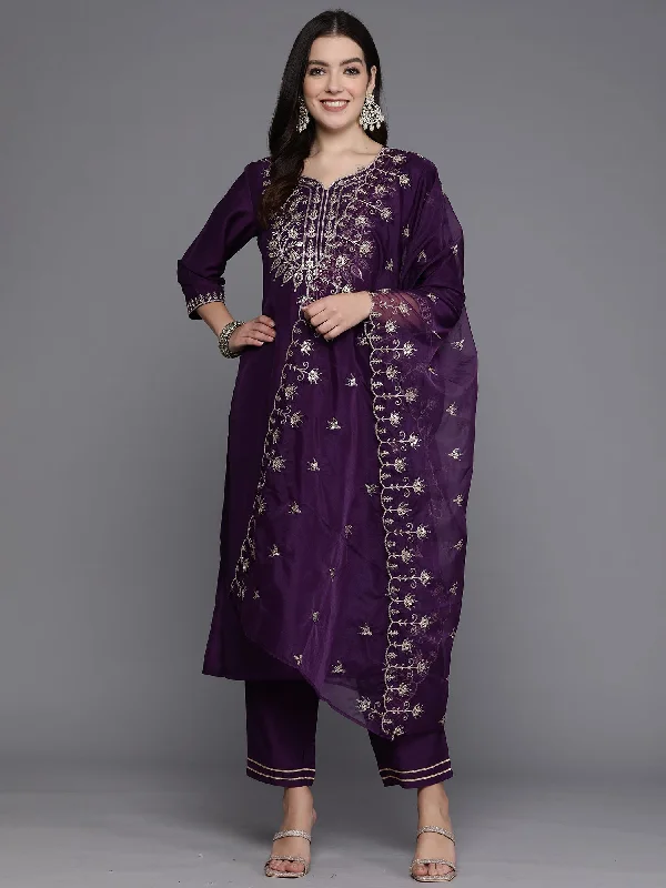 Women Purple Embroidered Straight Kurta Trousers With Dupatta Set - Taantav Trousers Velvet Soft Women Purple Embroidered Straight Kurta Trousers With Dupatta Set - Taantav Trousers Velvet Soft