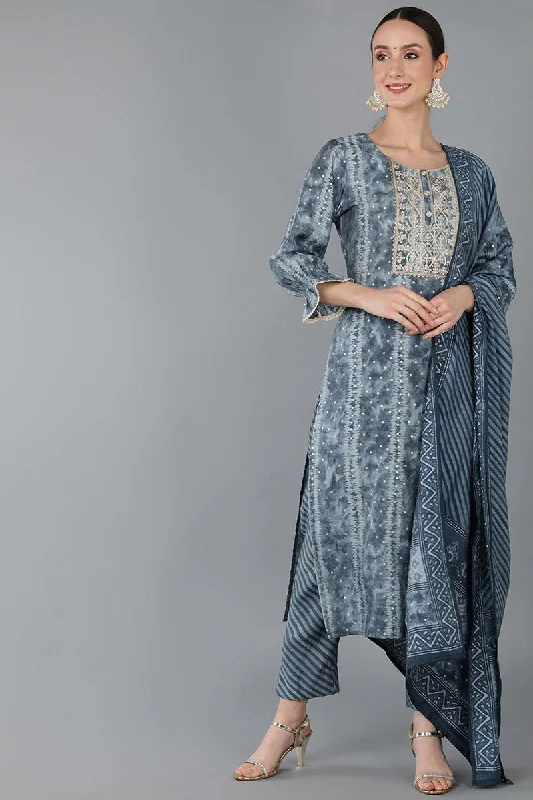 Ahika Charcoal Blue Silk Blend Ethnic Motifs Straight Trouser Suit Set Trousers Satin Smooth Ahika Charcoal Blue Silk Blend Ethnic Motifs Straight Trouser Suit Set Trousers Satin Smooth