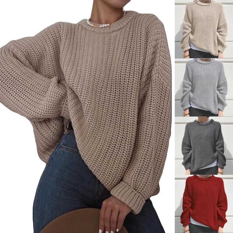 Fall Winter Loose Solid Color Crewneck Knit Pullover Chenille Soft Sweater