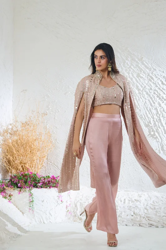 Nude Pink Cape Style Jacket With Bustier & Pants Denim Fabric Leather Fabric Suede Fabric Nude Pink Cape Style Jacket With Bustier & Pants Denim Fabric Leather Fabric Suede Fabric