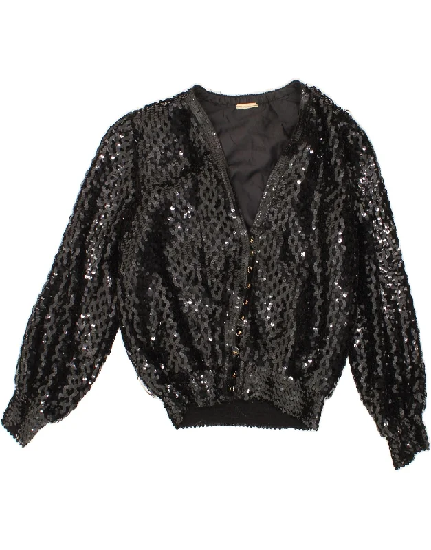 VINTAGE Womens Sequin Cardigan Top UK 12 Medium Black Cotton Fabric Linen Fabric Terry Fabric VINTAGE Womens Sequin Cardigan Top UK 12 Medium Black Cotton Fabric Linen Fabric Terry Fabric