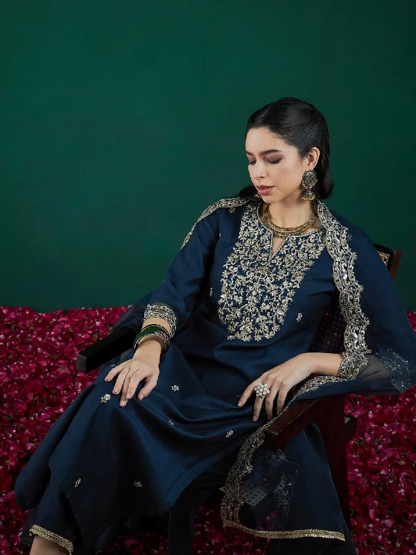 Women Teal Embroidered Straight Kurta Trousers With Dupatta Set - Taantav Trousers Tapered Slim Fit Women Teal Embroidered Straight Kurta Trousers With Dupatta Set - Taantav Trousers Tapered Slim Fit