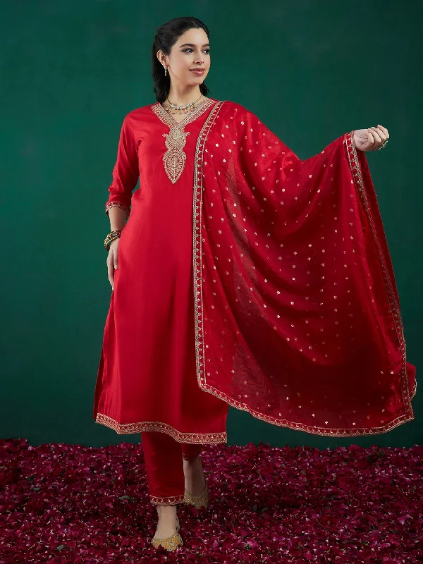 Women Red Embroidered Straight Kurta Trousers With Dupatta Set - Taantav Trousers Vintage Classic Women Red Embroidered Straight Kurta Trousers With Dupatta Set - Taantav Trousers Vintage Classic