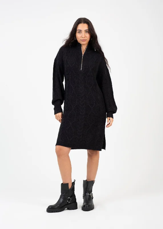 ALL OVER CABLE JUMPER DRESS WITH ZIP NECK, BLACK Slim Fit Regular Fit Oversized