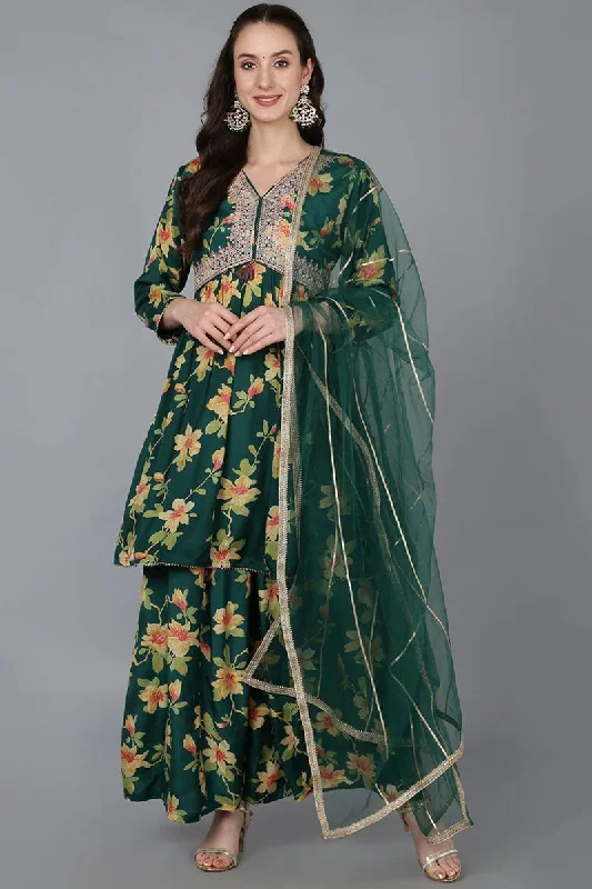 Ahika Green Chanderi Silk Floral A-Line Kurta Trousers With Dupatta Trousers cozy soft Ahika Green Chanderi Silk Floral A-Line Kurta Trousers With Dupatta Trousers cozy soft