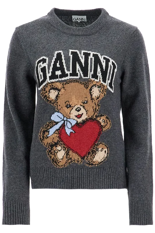 Graphic Bear Knit Pullover Swe  - Grey Bateau Neck Pullover