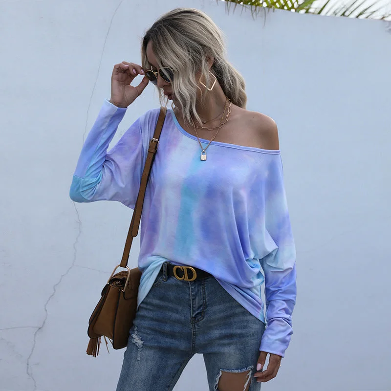 IKEARLAX Cross-border Hot Trade Popular, 2025, Crew Neck Fashion Loose Top Long Sleeve Tie-Dye Bottom Pullover T-Shirt Lapel Neck Sweater