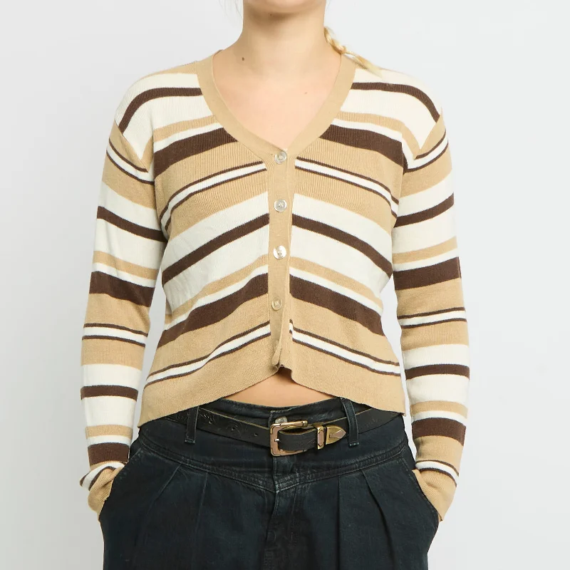V-Neck Striped Fine Knit Cardigan - UK 10 Bright Pastel Dark