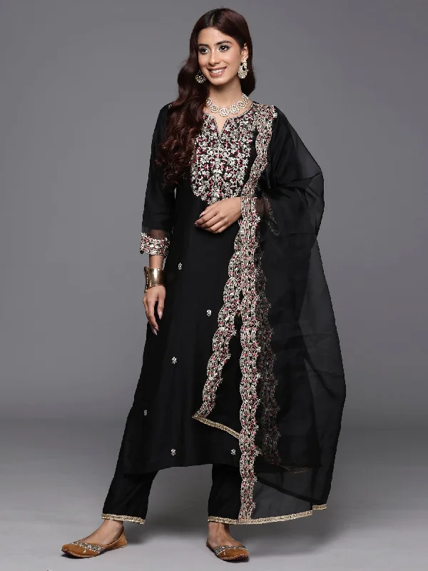 Women Black Embroidered Straight Kurta Trousers With Dupatta Set - Taantav Trousers Floral Bohemian Women Black Embroidered Straight Kurta Trousers With Dupatta Set - Taantav Trousers Floral Bohemian