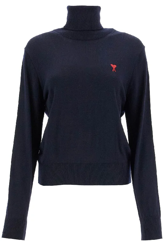 High-neck Pullover With Embroidery  - Blue Alpaca Blend Soft