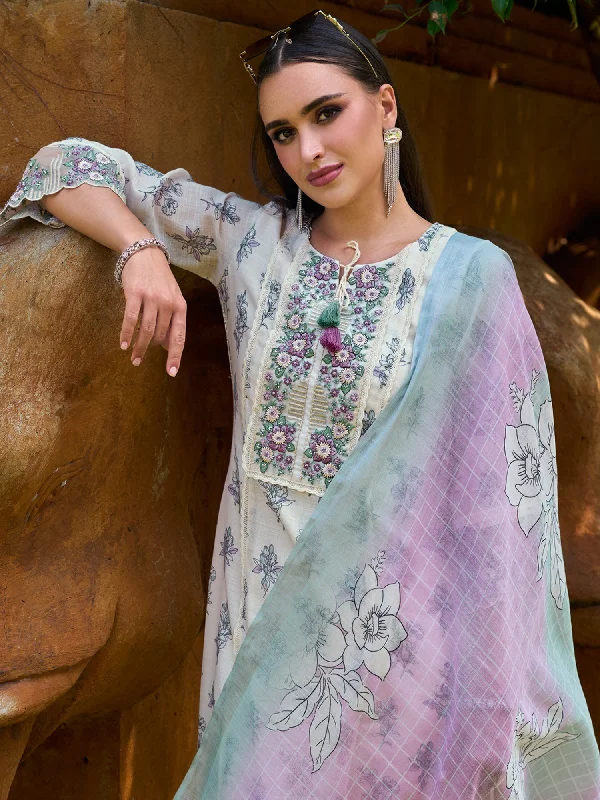 Women Off White Printed Straight Kurta Trousers With Dupatta Set - Taantav Wide Leg Loose Fit Mid Waist Women Off White Printed Straight Kurta Trousers With Dupatta Set - Taantav Wide Leg Loose Fit Mid Waist