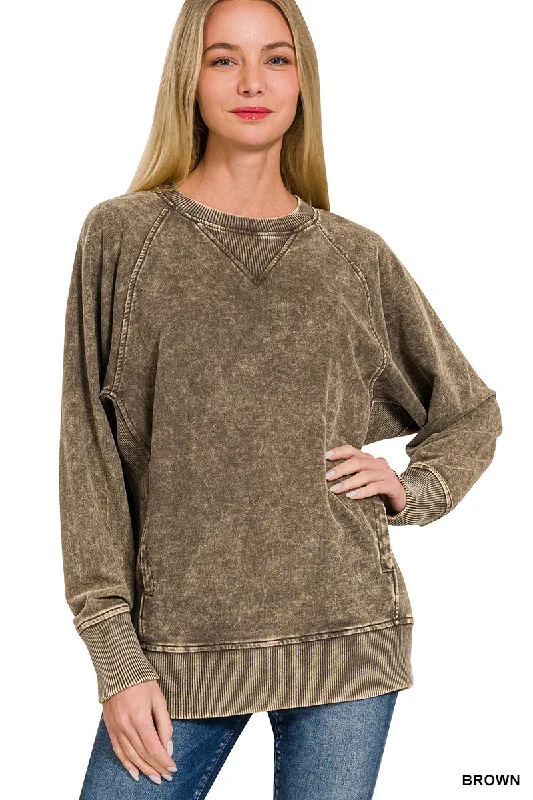 Brown Acid Washed French Terry Pullover Zipper Front Cardigan