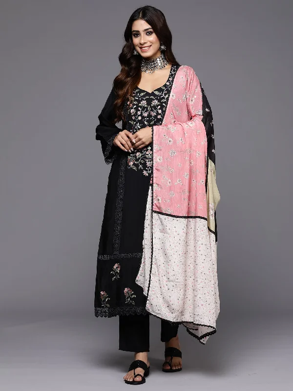 Women Black Embroidered Straight Kurta Trousers With Dupatta Set - Taantav Trousers Harem Relaxed Fit Women Black Embroidered Straight Kurta Trousers With Dupatta Set - Taantav Trousers Harem Relaxed Fit
