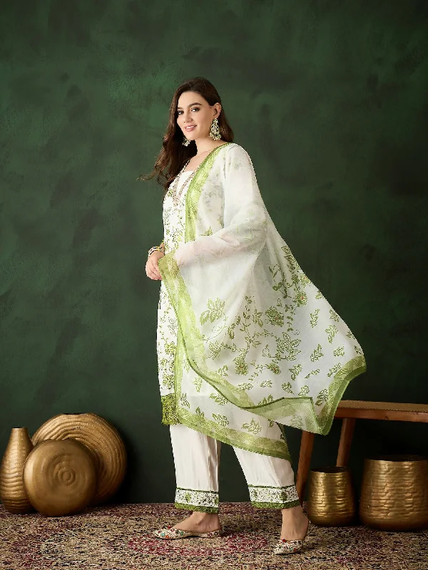 Green & White Roman Silk Embroidered Kurta With Trouser & Dupatta - Bhumi Trousers Travel Practical Green & White Roman Silk Embroidered Kurta With Trouser & Dupatta - Bhumi Trousers Travel Practical