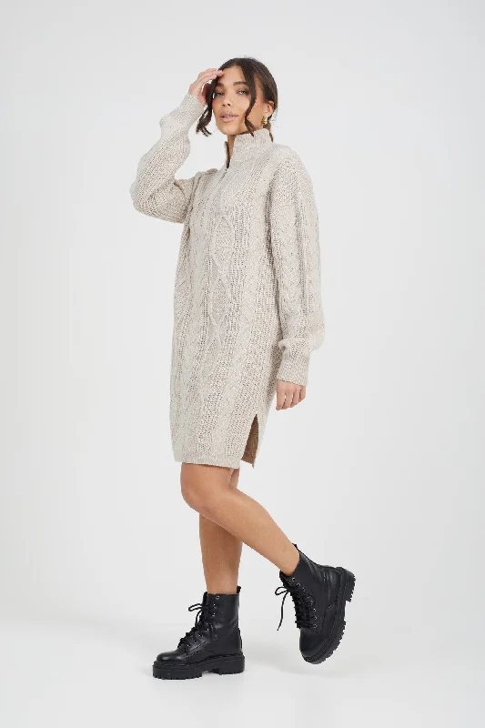 ALL OVER CABLE JUMPER DRESS WITH ZIP NECK, STONE Open Front Closed Front Wrap Front