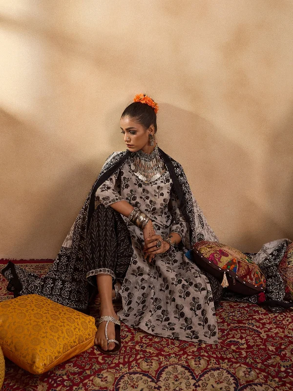 Women Grey Printed Straight Kurta Trousers With Dupatta Set - Taantav Trousers Elastic Waist Soft Women Grey Printed Straight Kurta Trousers With Dupatta Set - Taantav Trousers Elastic Waist Soft