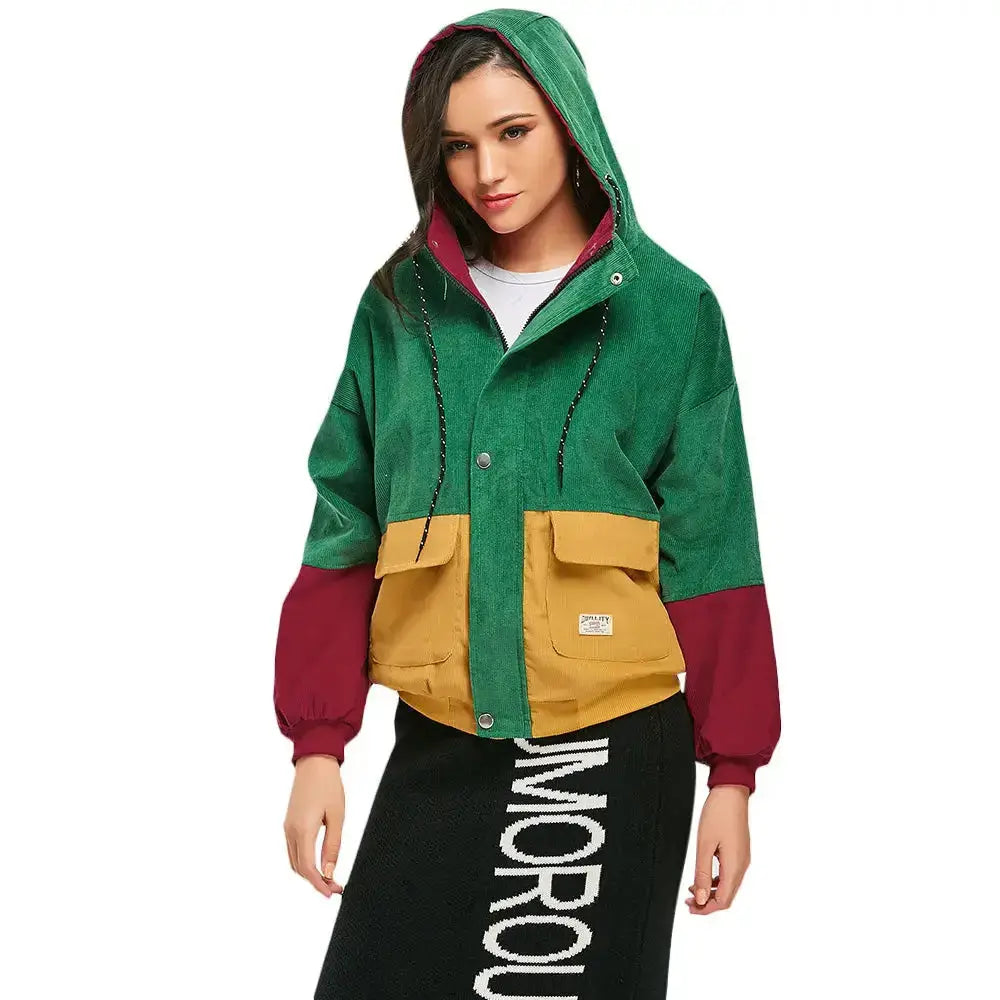 Color blocking hooded corduroy jacket Zippered Jacket Buttoned Jacket Snapped Jacket Color blocking hooded corduroy jacket Zippered Jacket Buttoned Jacket Snapped Jacket