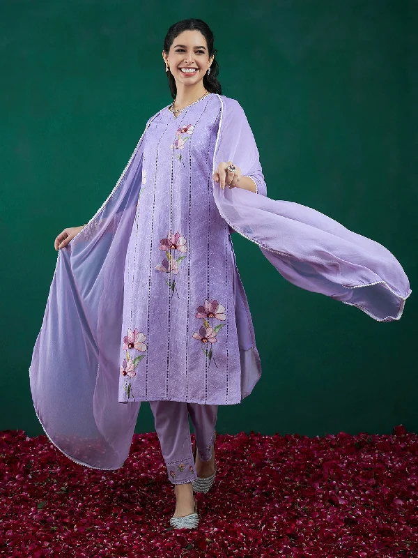 Women Purple Printed Straight Kurta Trousers With Dupatta Set - Taantav Cropped Trousers Casual Linen Women Purple Printed Straight Kurta Trousers With Dupatta Set - Taantav Cropped Trousers Casual Linen
