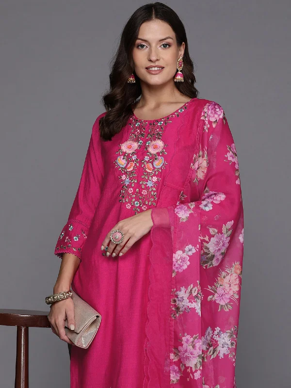 Women Magenta Embroidered Straight Kurta Trousers With Dupatta Set - Taantav Trousers Exclusive Limited Women Magenta Embroidered Straight Kurta Trousers With Dupatta Set - Taantav Trousers Exclusive Limited