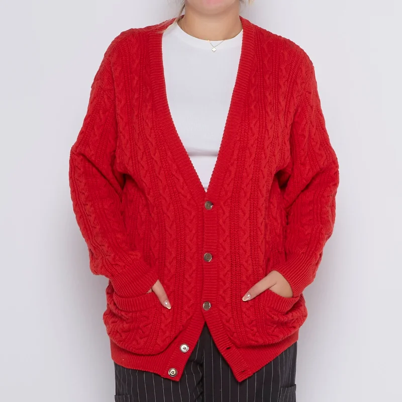 Cable Knit V-Neck Buttoned Cardigan - UK 12 Solid Color Striped Floral Print