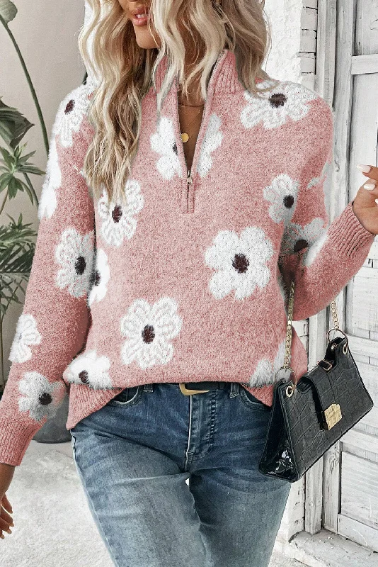 Blue Zone Planet | Pink Floral Pattern Half Zip Drop Shoulder Sweater Fitted Loose Oversized Blue Zone Planet | Pink Floral Pattern Half Zip Drop Shoulder Sweater Fitted Loose Oversized