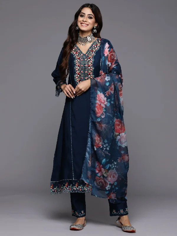Women Blue Embroidered A-Line Kurta Trousers With Dupatta Set - Taantav Trousers Pleated Formal Women Blue Embroidered A-Line Kurta Trousers With Dupatta Set - Taantav Trousers Pleated Formal