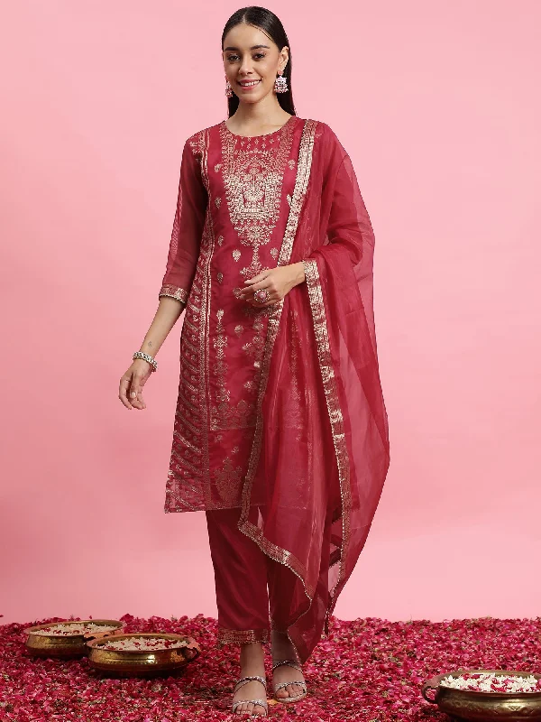 Women Pink Woven Design Straight Kurta Trousers With Dupatta Set - Taantav Trousers Office Stylish Women Pink Woven Design Straight Kurta Trousers With Dupatta Set - Taantav Trousers Office Stylish