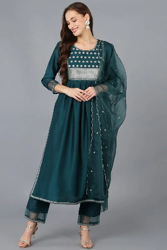 Ahika Teal Silk Blend Solid A-Line Kurta Trousers With Dupatta Trousers Flared Retro Ahika Teal Silk Blend Solid A-Line Kurta Trousers With Dupatta Trousers Flared Retro